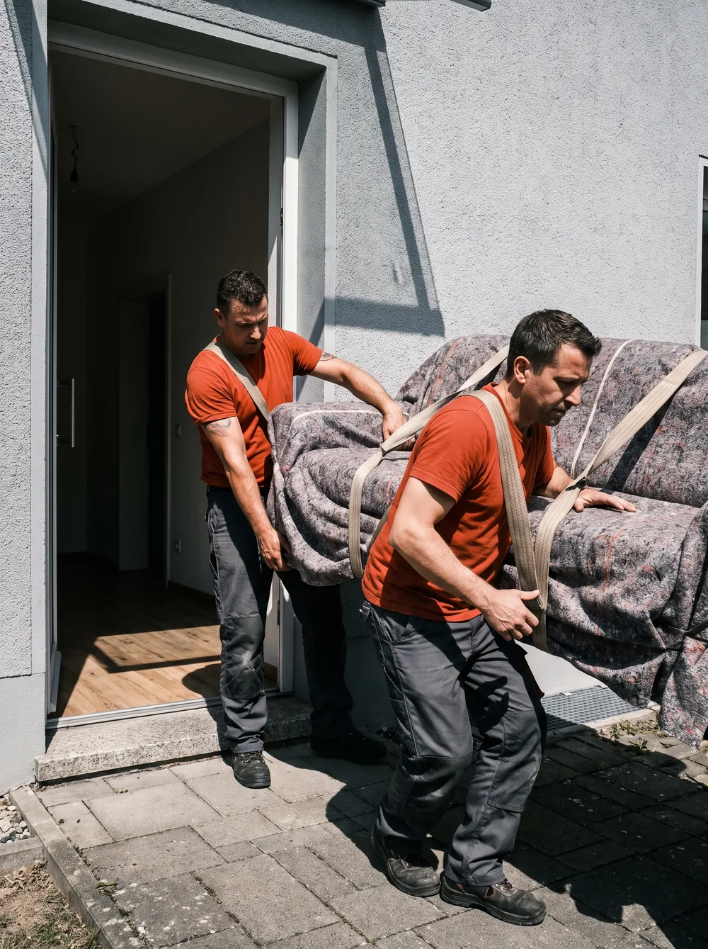 Zwei Mitarbeiter tragen ein in Decken gewickeltes Sofa durch die Haustür ins Freie.