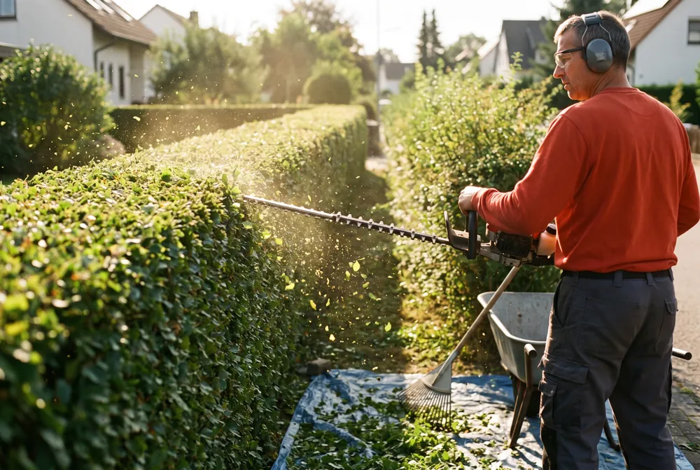 Hainbuchenhecke wird mit der Heckenschere auf Kante geschnitten, Schnittgut fliegt im Gegenlicht.