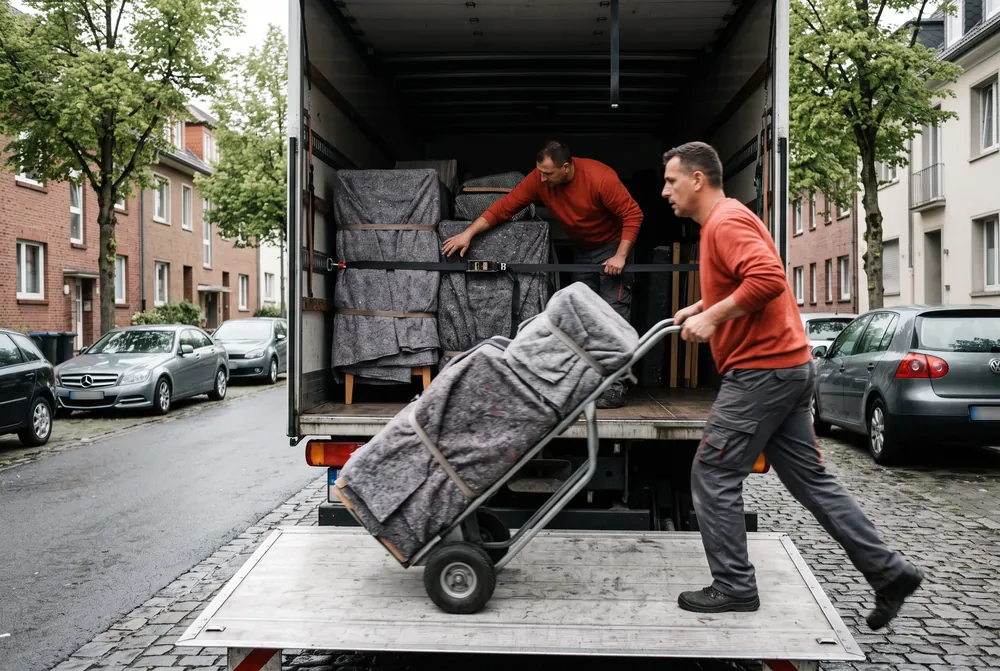 Beladen eines Möbelwagens über die Rampe, Möbel in Decken gepackt und verzurrt.