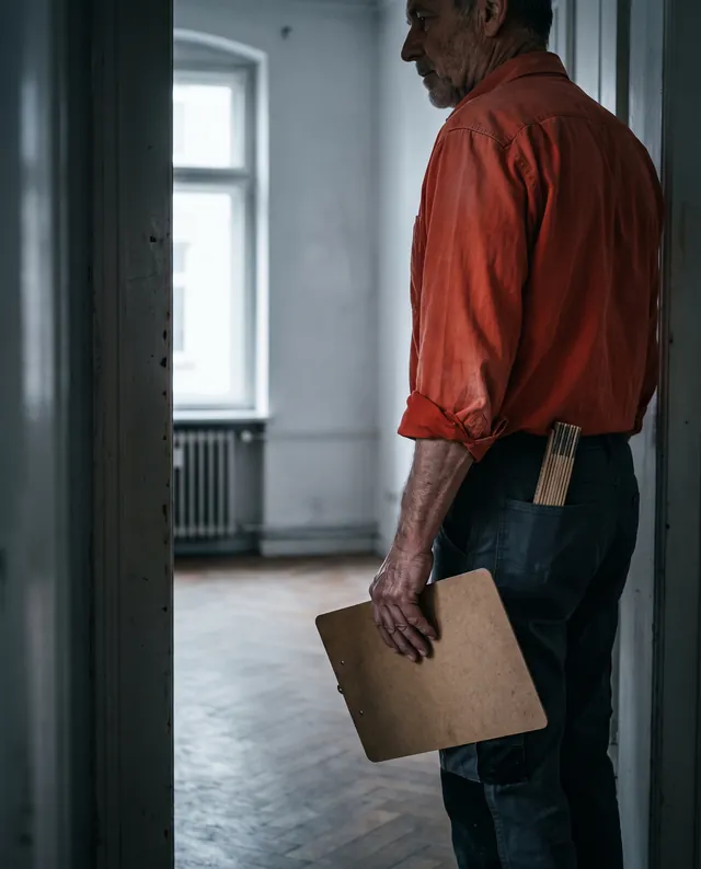 Mitarbeiter steht mit Klemmbrett in der Tür einer leeren Wohnung und schätzt den Auftrag ein.